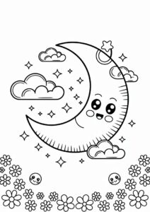 Kawaii Themed Moon Coloring Page 1