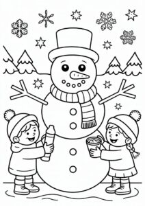 Kids Decorating a Snowman To Color 1