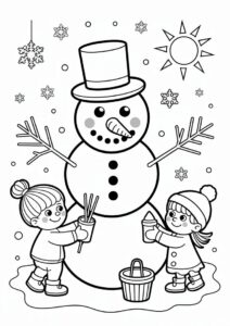 Kids Decorating a Snowman To Color 2