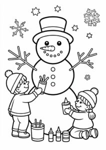 Kids Decorating a Snowman To Color 3