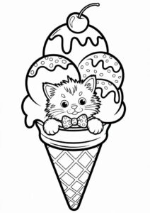 Kitten With Bowtie Inside An Ice Cream Coloring Page Cone 5