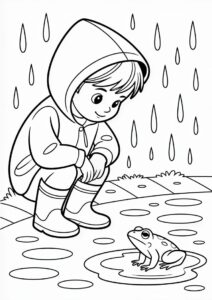 Little Boy Looking At Frog Under The Rain Coloring Page 1