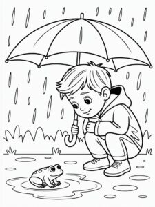 Little Boy Looking At Frog Under The Rain Coloring Page 2