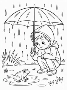 Little Boy Looking At Frog Under The Rain Coloring Page 3
