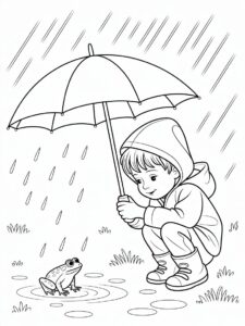 Little Boy Looking At Frog Under The Rain Coloring Page 4