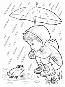 Little Boy Looking At Frog Under The Rain Coloring Page 5