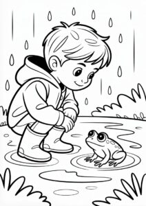 Little Boy Looking At Frog Under The Rain Coloring Page 6
