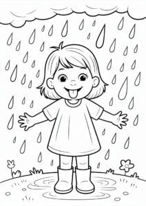 Little Girl Sticking Tongue Out To Catch Rain Coloring Page 1