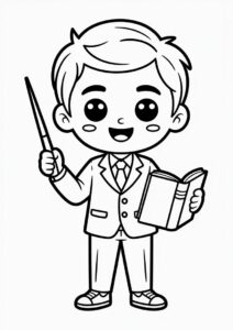 Male Chibi Teacher Coloring Pages OF Holding A Pointer And A Book 1