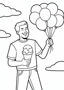 Man Eating Ice Cream Coloring Page While Holding Balloons 1