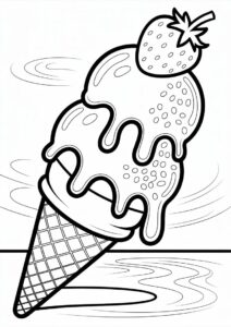 Melting Ice Cream Coloring Page On Cone with Strawberry On Top 1