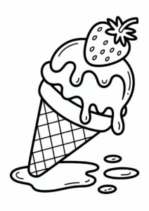 Melting Ice Cream Coloring Page On Cone with Strawberry On Top 2