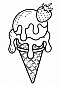 Melting Ice Cream Coloring Page On Cone with Strawberry On Top 3