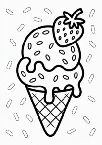 Melting Ice Cream Coloring Page On Cone with Strawberry On Top 4