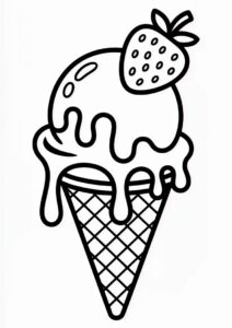Melting Ice Cream Coloring Page On Cone with Strawberry On Top 5