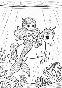 Mermaid Princess Coloring Page Sitting On Unicorn 1