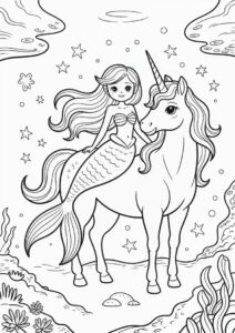 Mermaid Princess Coloring Page Sitting On Unicorn 2