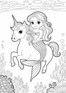 Mermaid Princess Coloring Page Sitting On Unicorn 3