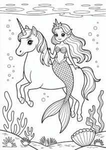 Mermaid Princess Coloring Page Sitting On Unicorn 4