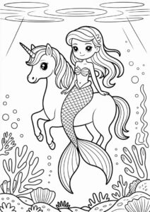 Mermaid Princess Coloring Page Sitting On Unicorn 5