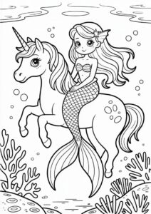 Mermaid Princess Coloring Page Sitting On Unicorn 6