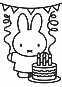Miffy Coloring Page Celebrating Birthday With Streamer And Cake For Kids 1