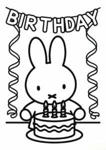 Miffy Coloring Page Celebrating Birthday With Streamer And Cake For Kids 2