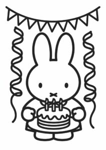 Miffy Coloring Page Celebrating Birthday With Streamer And Cake For Kids 3