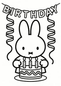 Miffy Coloring Page Celebrating Birthday With Streamer And Cake For Kids 4