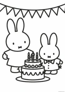 Miffy Coloring Page Of Melanie And Poppy Pig Dancing In Front Of Birthday Cake 2