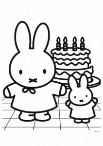 Miffy Coloring Page Of Melanie And Poppy Pig Dancing In Front Of Birthday Cake 3