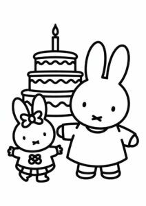 Miffy Coloring Page Of Melanie And Poppy Pig Dancing In Front Of Birthday Cake 4