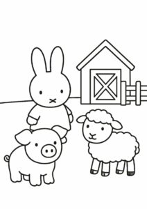 Miffy Coloring Page With Pig And Lamb In A Farm 2