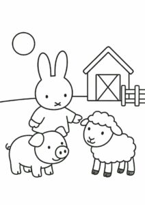 Miffy Coloring Page With Pig And Lamb In A Farm 4