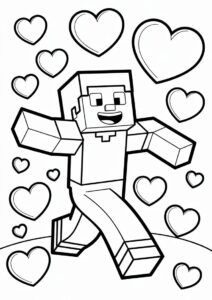 Minecraft Steve Running Through Hearts Coloring Sheet 1