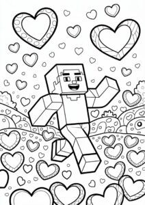 Minecraft Steve Running Through Hearts Coloring Sheet 2