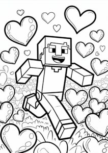 Minecraft Steve Running Through Hearts Coloring Sheet 3