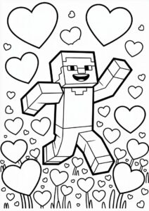 Minecraft Steve Running Through Hearts Coloring Sheet 4