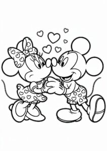 Minnie Mouse Kissing Mickey Mouse Valentines Day Coloring Page 1