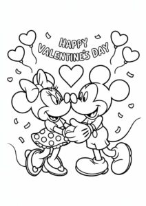 Minnie Mouse Kissing Mickey Mouse Valentines Day Coloring Page 3