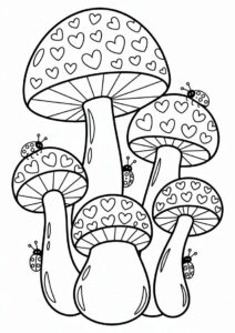Mushrooms With Love Heart Patterns Coloring Page 1