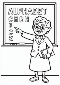Old Teacher Coloring Pages Pointing To The Alphabet On The Chalkboard