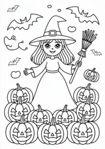 Pretty Witch Surrounded By Numerous Pumpkin Coloring Page 1