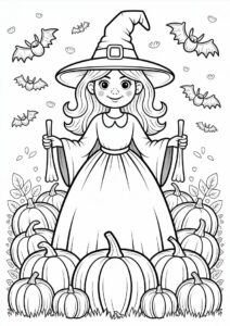 Pretty Witch Surrounded By Numerous Pumpkin Coloring Page 2