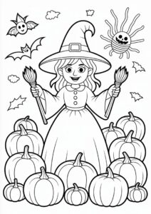 Pretty Witch Surrounded By Numerous Pumpkin Coloring Page 3