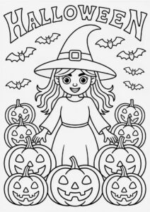 Pretty Witch Surrounded By Numerous Pumpkin Coloring Page 4
