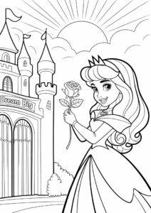 Princess Coloring Page Of Aurora Holding Rose Outside Castle 1