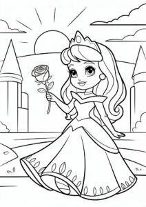 Princess Coloring Page Of Aurora Holding Rose Outside Castle 3
