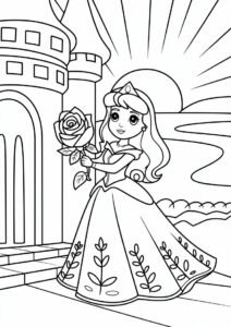 Princess Coloring Page Of Aurora Holding Rose Outside Castle 5