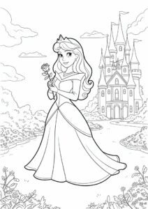 Princess Coloring Page Of Aurora Holding Rose Outside Castle 6